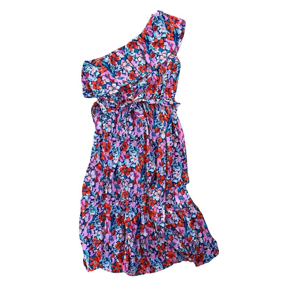 Floral Print One Shoulder‎ Midi Dress Ruffle Tiered Tropical Vacation X-Large - Picture 2 of 4
